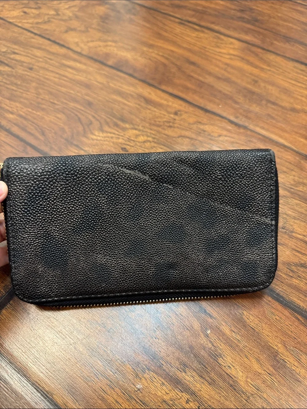 Adrienne Vittadini Black Zip Around Wallet Purple Interior Pebbled